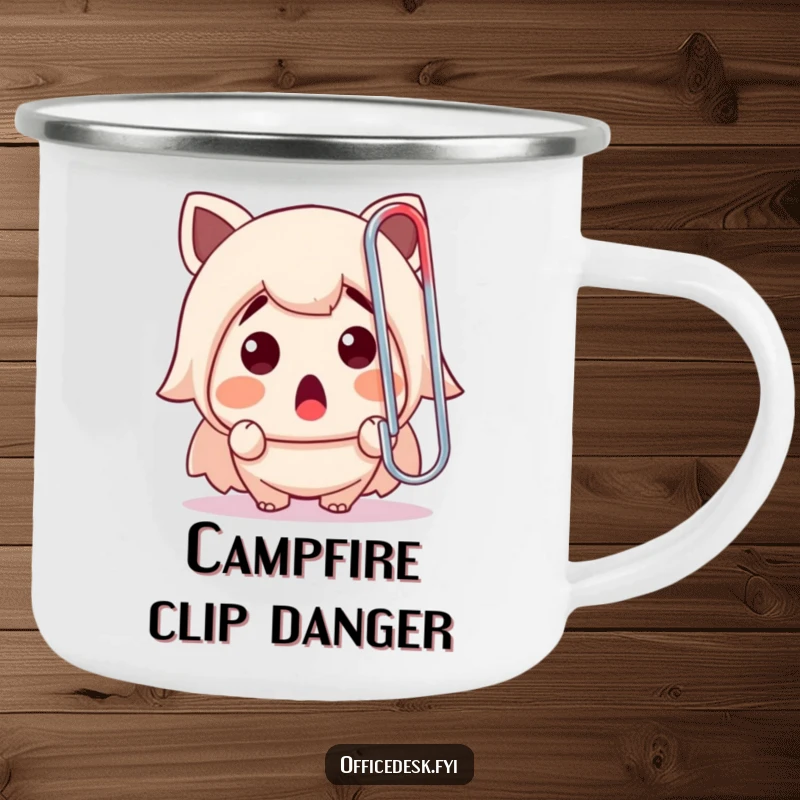 Funny camping mug showing a cute character surprised by a giant rogue paperclip, bringing office humor to outdoor settings.