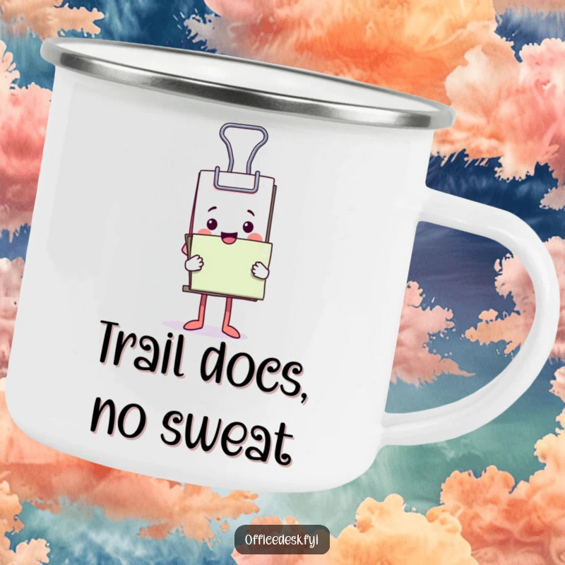 Funny camping mug with a happy binder clip character holding a large stack of documents.