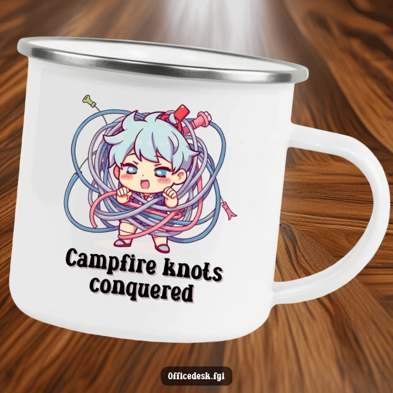 Funny Character Camping Mug: A determined character untangling a giant knot of cables, ready for any challenge.