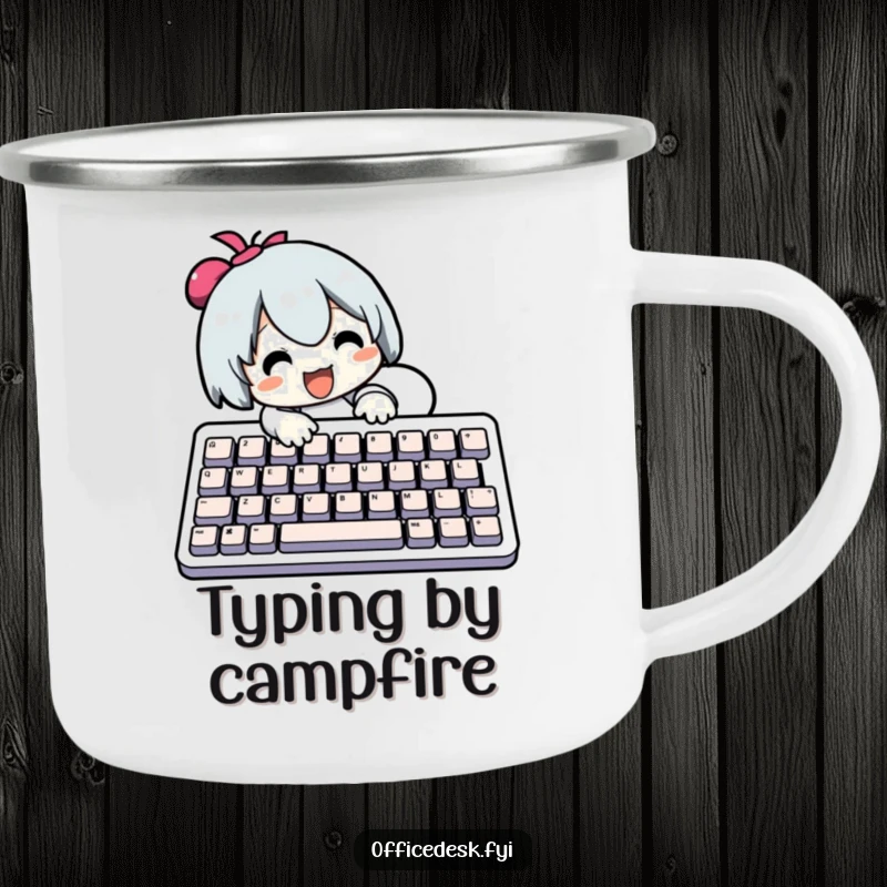 Funny Camping Mug: Character typing on a giant keyboard, bringing tech humor to the great outdoors. A durable funny gift.