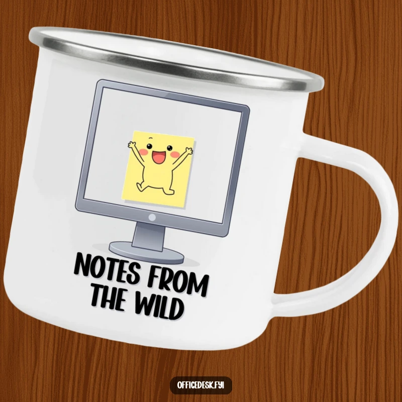 Funny Camping Mug: A small sticky note character joyfully leaping off a monitor's edge, perfect for outdoor motivation and warm drinks.