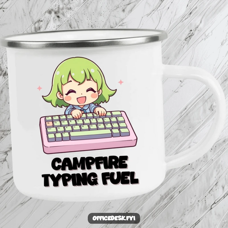 Funny Camping Mug: A character typing on an oversized keyboard, a humorous outdoor accessory for tech enthusiasts.