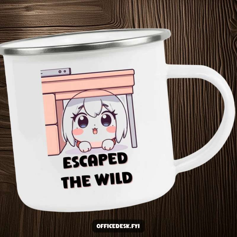 Funny camping mug featuring a surprised character hiding under a desk, eyes wide with outdoor surprise, perfect for a funny gift.