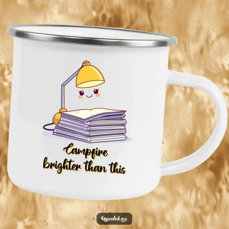 Funny desk lamp camping mug, a miniature grinning lamp character illuminating papers, durable and humorous outdoor drinkware.