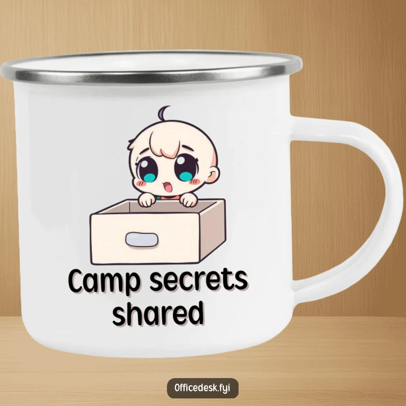 Funny Camping Mug: A small character with wide, excited eyes discovering a secret compartment in a desk drawer, outdoor discovery theme.