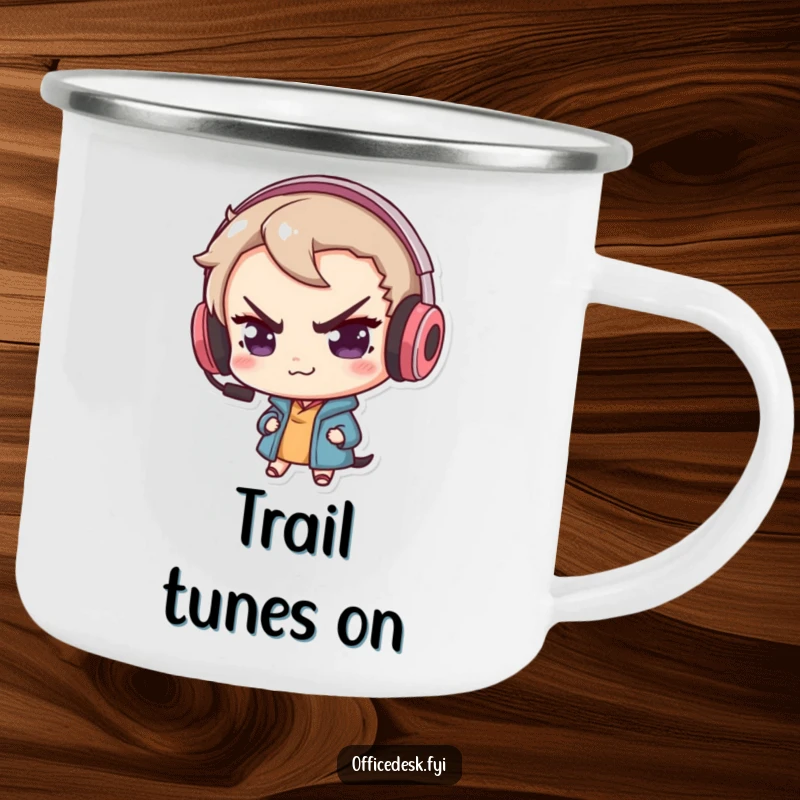 Funny camping mug featuring a cute bear with a mischievous smirk, wearing an oversized gaming headset, ready for outdoor quests.