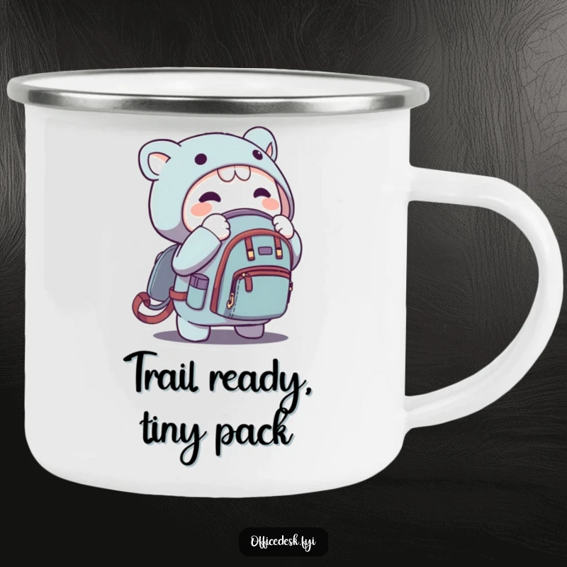 Funny camping mug showing a character zipping a microscopic backpack, perfect for humorous outdoor adventures and drinks.