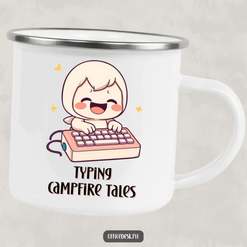 Funny Camping Mug: Character grinning while typing rapidly on a miniature keyboard, bringing tech humor to camping.