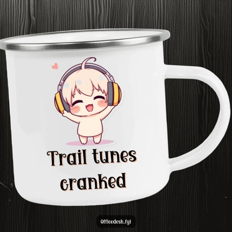 Funny camping mug featuring a character with giant headphones, enthusiastically bobbing its head, for musical outdoor enjoyment.