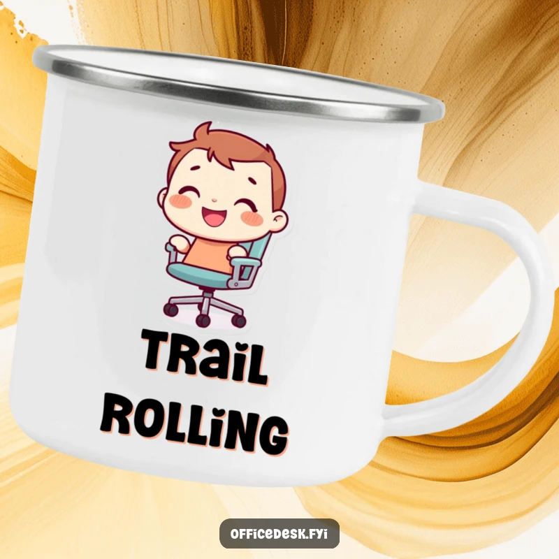 Funny tiny character with a joyful grin, riding a rolling office chair on a humorous camping mug.
