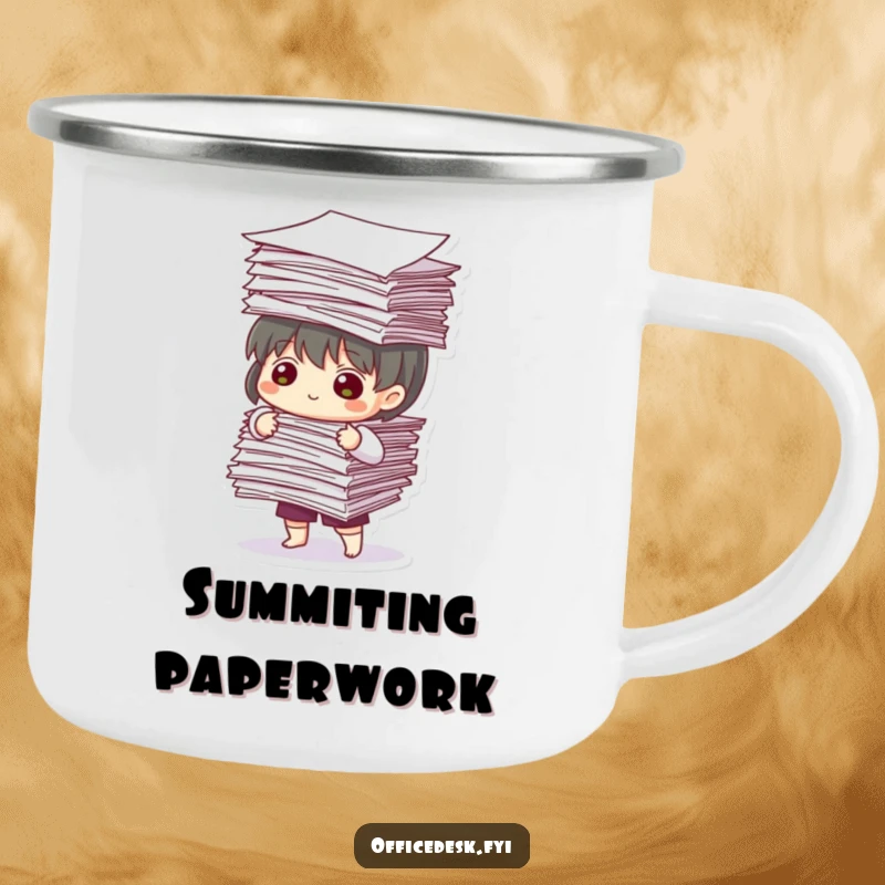 Funny Camping Mug: Character balancing a huge pile of papers, bringing relatable office humor to the great outdoors.