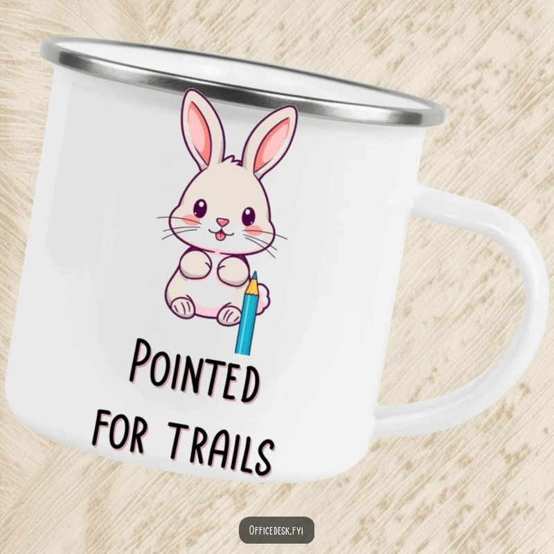 Funny camping mug with a focused rabbit sharpening pencils with extreme precision, ready for any adventure with creative focus.