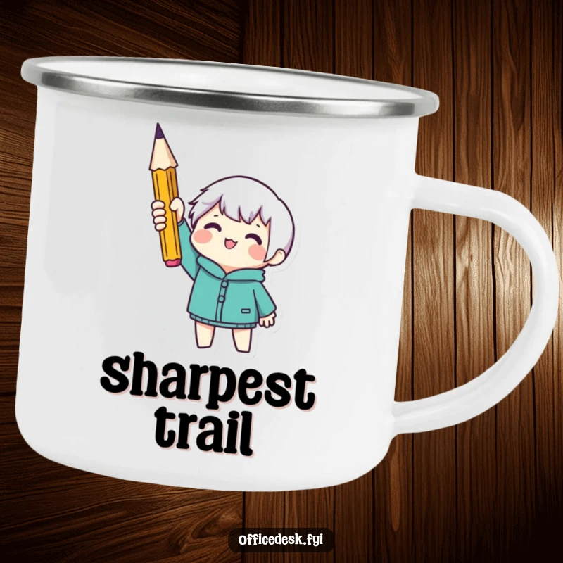 Funny camping mug featuring a tiny character holding a sharp pencil, symbolizing adventure and preparedness. Durable and humorous drinkware.