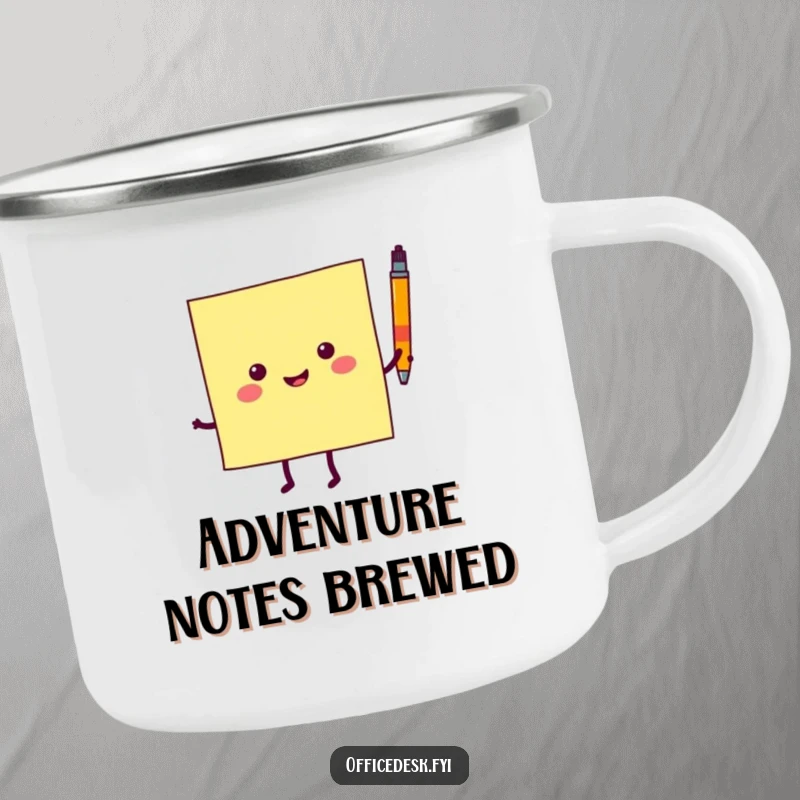 Funny camping mug showcasing a cheerful sticky note character dancing with a pen, ready for any outdoor escapade.