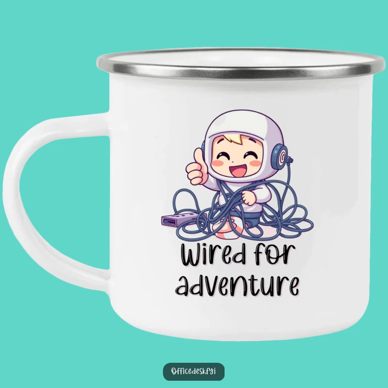 Funny Tech Struggle Camping Mug: Cheerful Character for Outdoor Connectivity