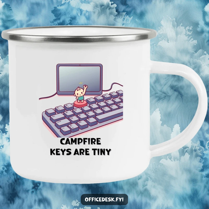Funny camping mug showing a small character triumphantly hitting a tiny button on a large keyboard, great for humorous outdoor celebrations.