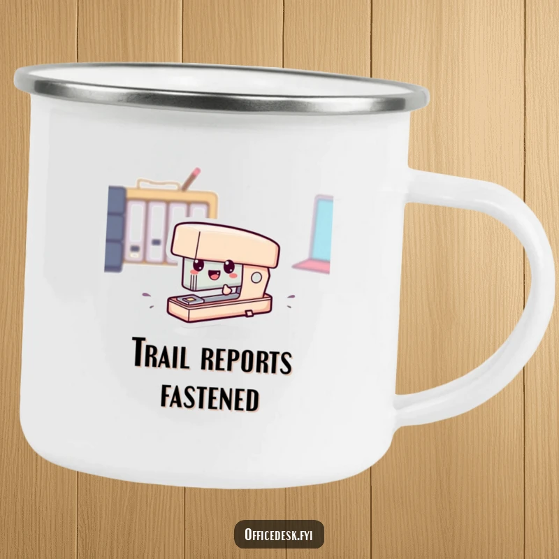 Funny camping mug featuring a tiny stapler character comically zipping at speed, perfect for outdoor office humor.