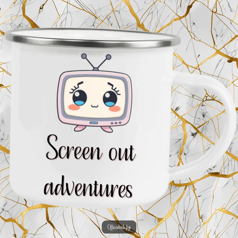 Funny camping mug with a small monitor character featuring exaggerated wide eyes, designed for outdoor humor and utility.