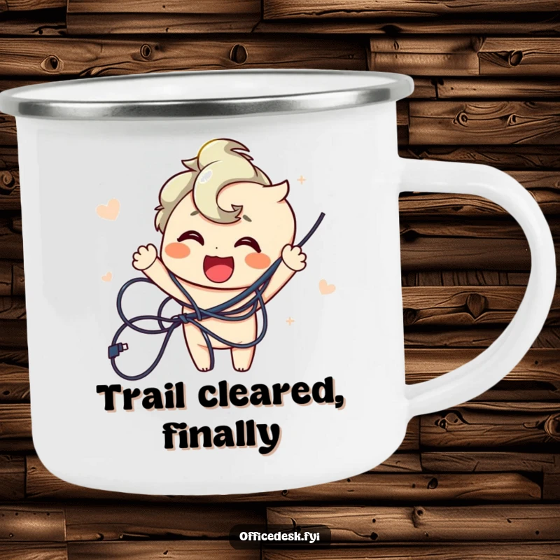 Funny camping mug showing a joyful character triumphantly untangling a mess of wires, perfect for outdoor enthusiasts who value organization.