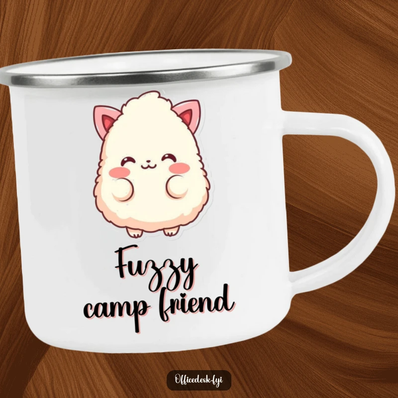 Funny camping mug showing a fluffy eraser character blushing with rosy cheeks, ready for any adventure.