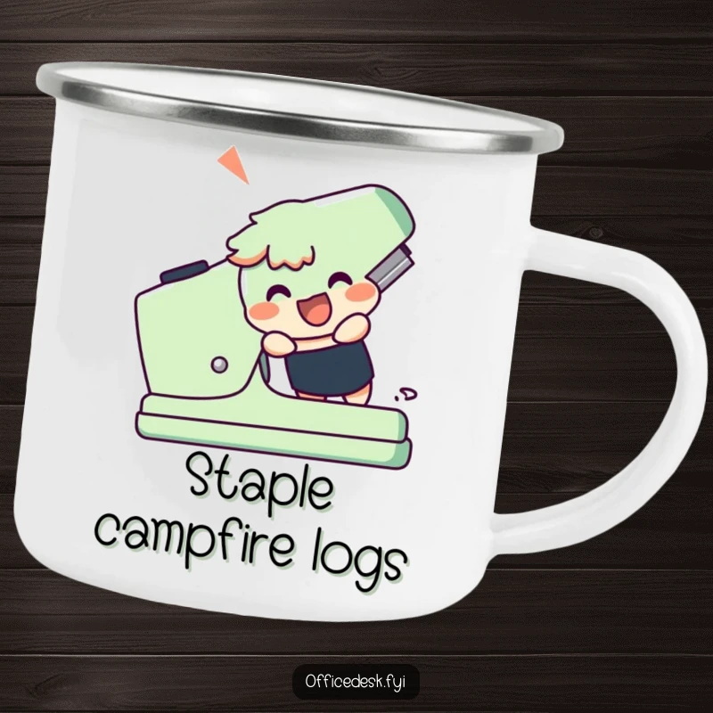 Funny camping mug featuring a cheerful character enthusiastically using a giant stapler, ideal for outdoor ambition.