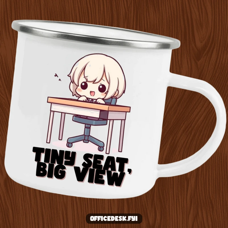 Funny camping mug showing a small character comically trying to fit into a tiny chair, bringing humor to the outdoors.