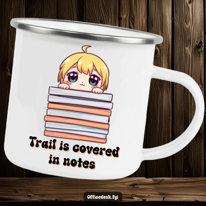 Funny camping mug showing a cute character peeking over a giant stack of papers, eyes wide, great for humorous outdoor work.