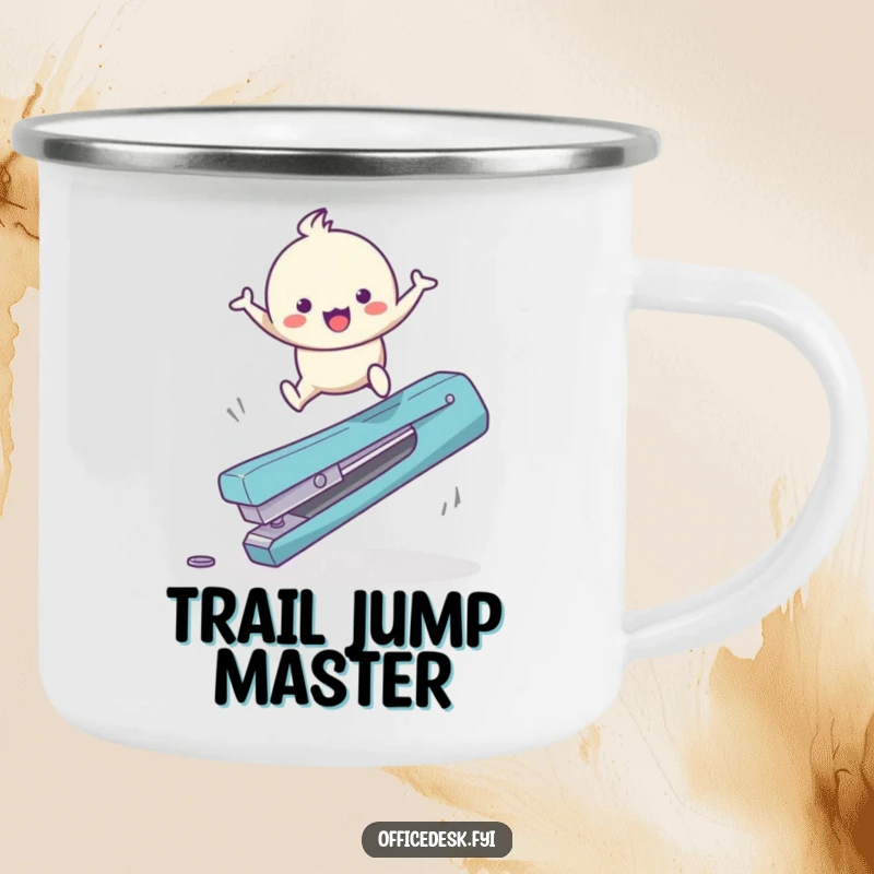 Funny Camping Mug: A cute, happy character joyfully leaping over a large staple remover in an outdoor setting, adventure theme.