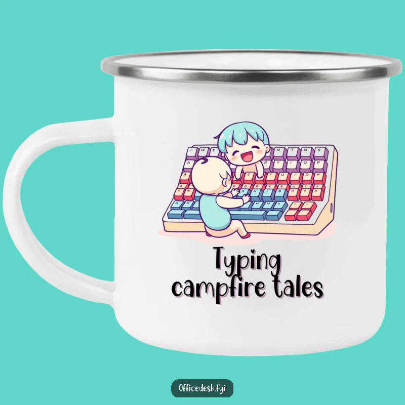 Funny Campfire Coder Mug: Joyful Character Typing Outdoors, Rugged Funny Gift