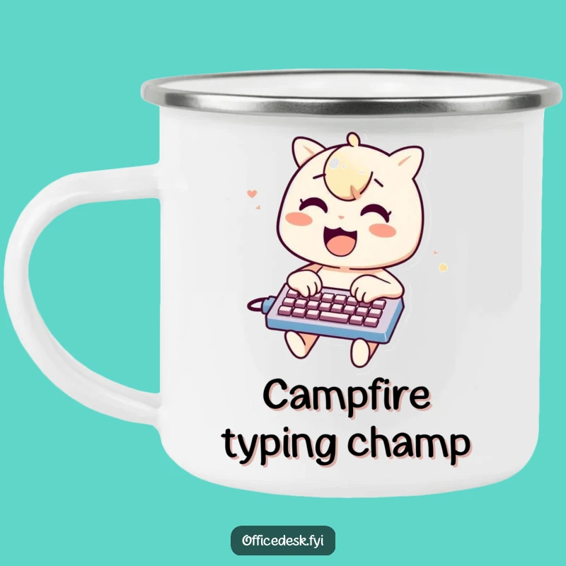 Typing Fun Camping Mug: Cheerful Character on Mini Keyboard, Outdoor Funny Gift