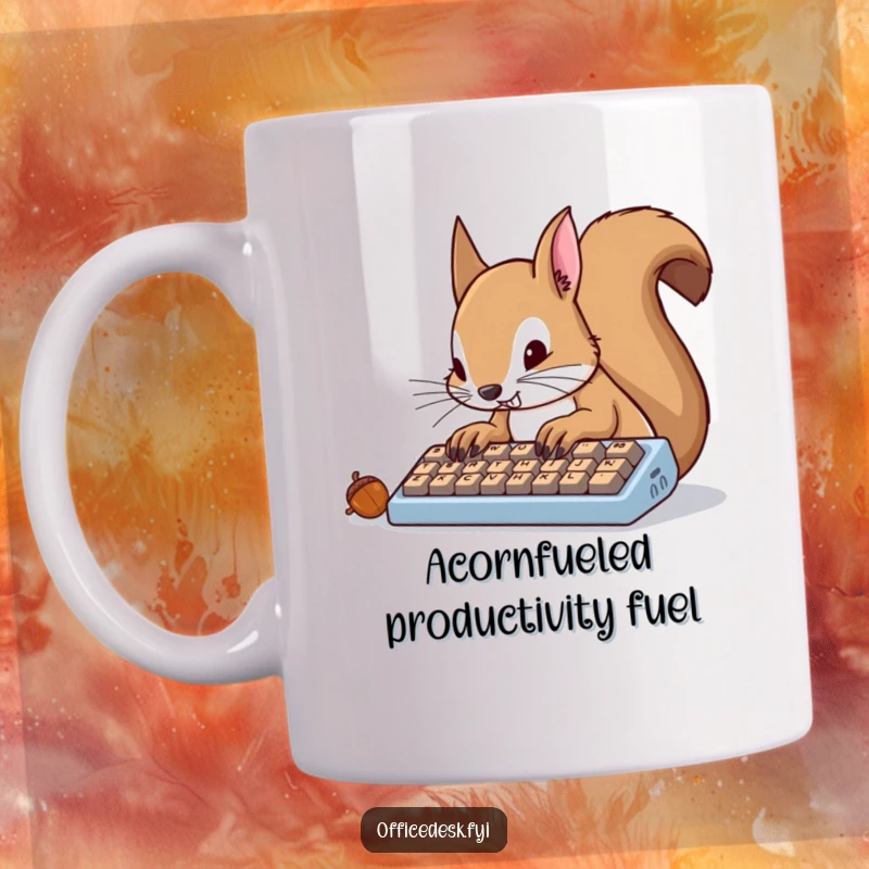 Funny determined squirrel furiously typing on a tiny keyboard with acorn keys, work humor, mug.