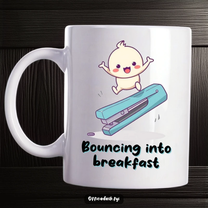Funny Mug: A cute character with a happy, bouncy leap over a large, fallen staple remover, symbolizing overcoming office tasks.