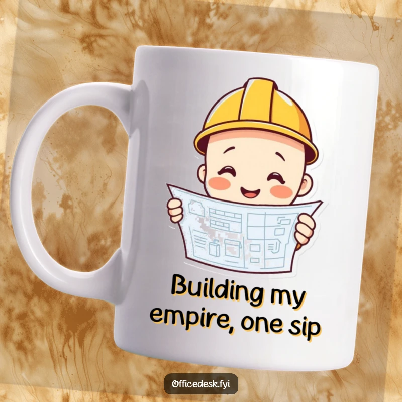 Funny hard hat construction worker smiling, intensely studying a blueprint, ready to build, best funny mug gift.