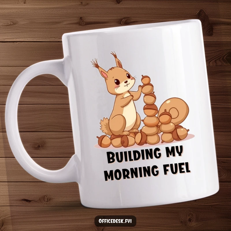 Funny Squirrel Acorn Mug: A playful squirrel meticulously stacking acorns into a tower, symbolizing determined efforts, a perfect funny gift.
