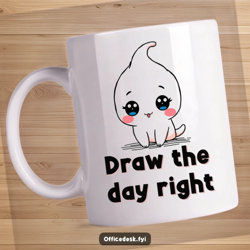 Funny mug with a kawaii pen character cheerfully drawing a funny doodle with a flourish, embodying artistic fun.