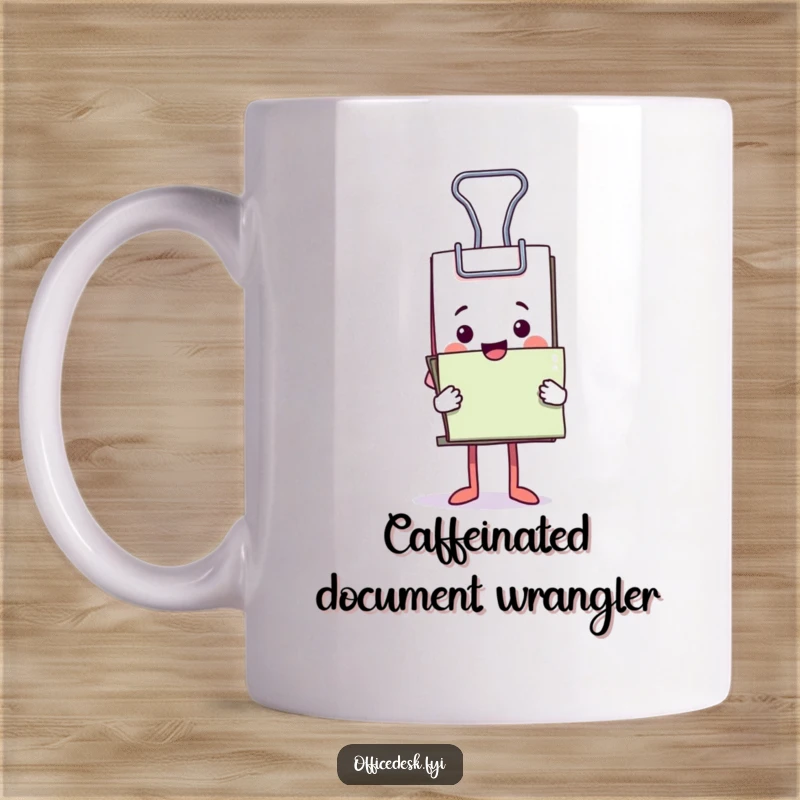 Funny mug featuring a happy binder clip character adorably holding a comically large stack of documents.