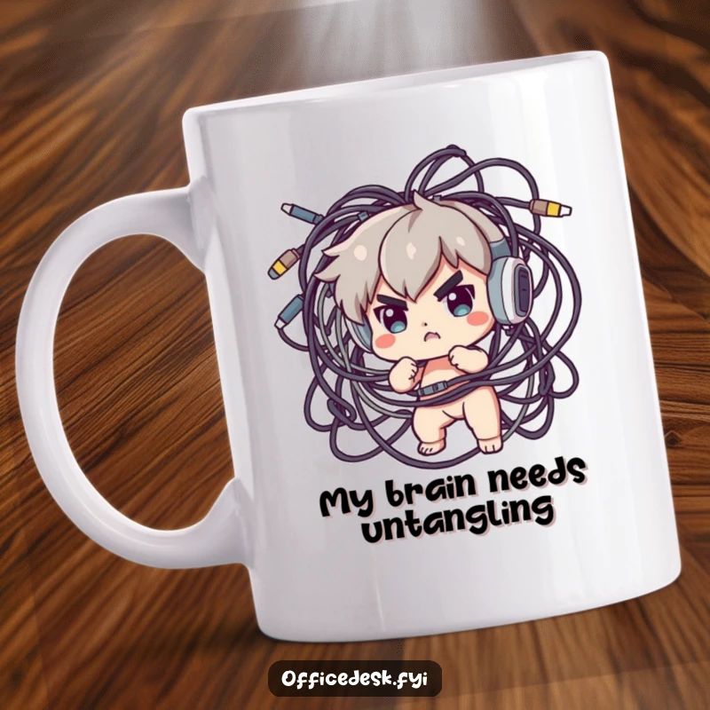 Funny Mug: Determined character wrestling a massive, tangled mess of computer cables, showcasing tech frustration humor.
