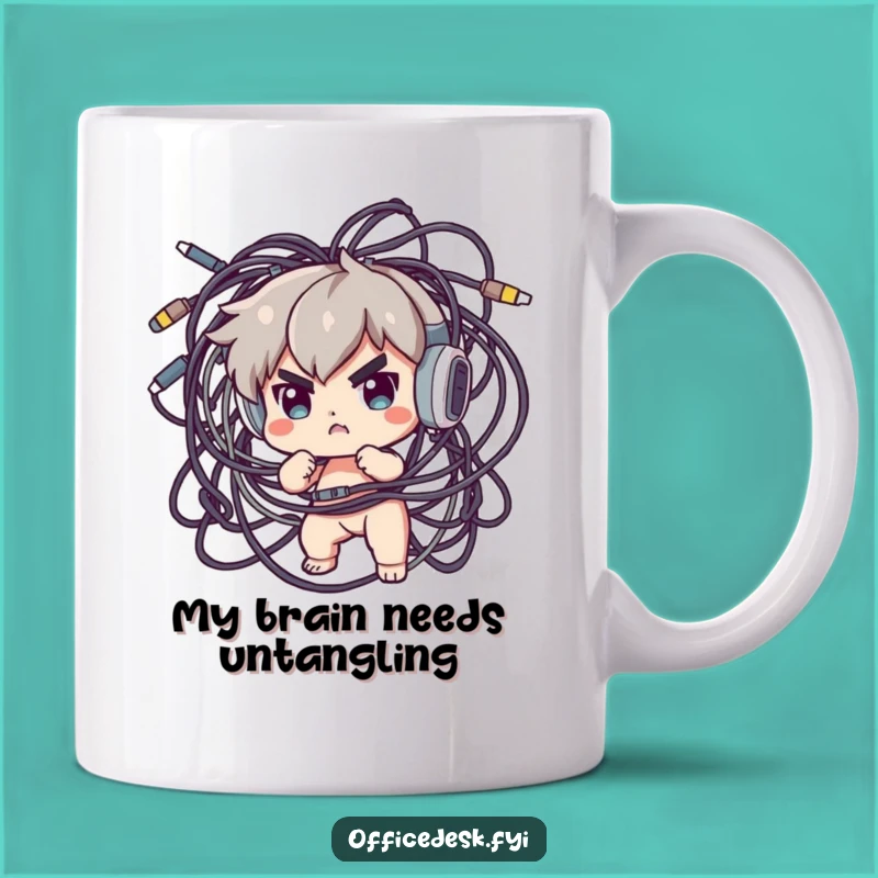 Funny Cable Tamer Mug: Determined Character Tackling Tech Mess, Perfect Funny Gift