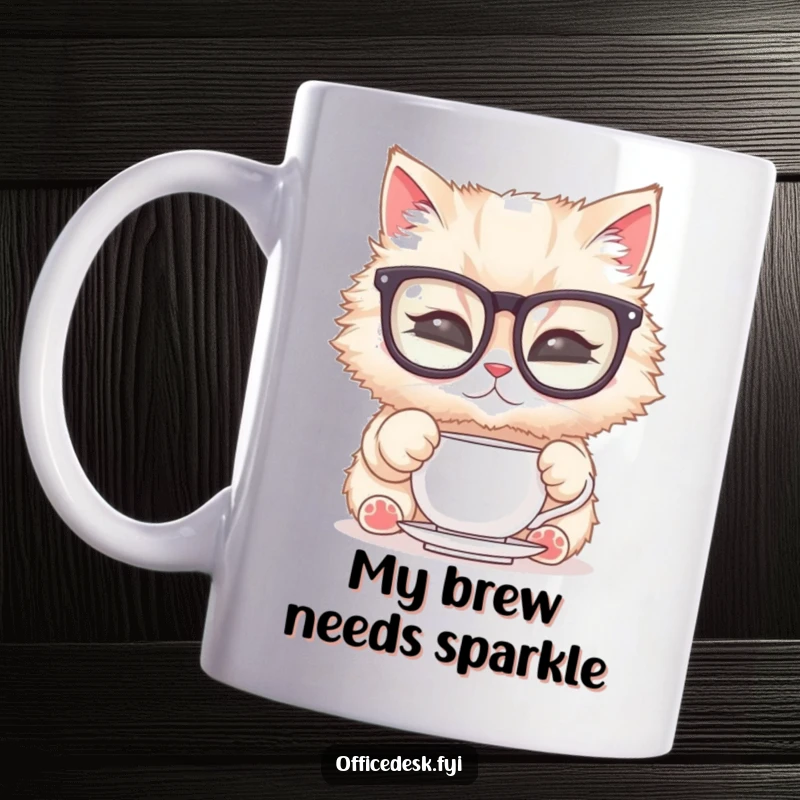 Funny Cat Glasses Mug: A fluffy cat in oversized glasses carefully polishing a teacup, exuding sophisticated humor, a perfect funny gift.