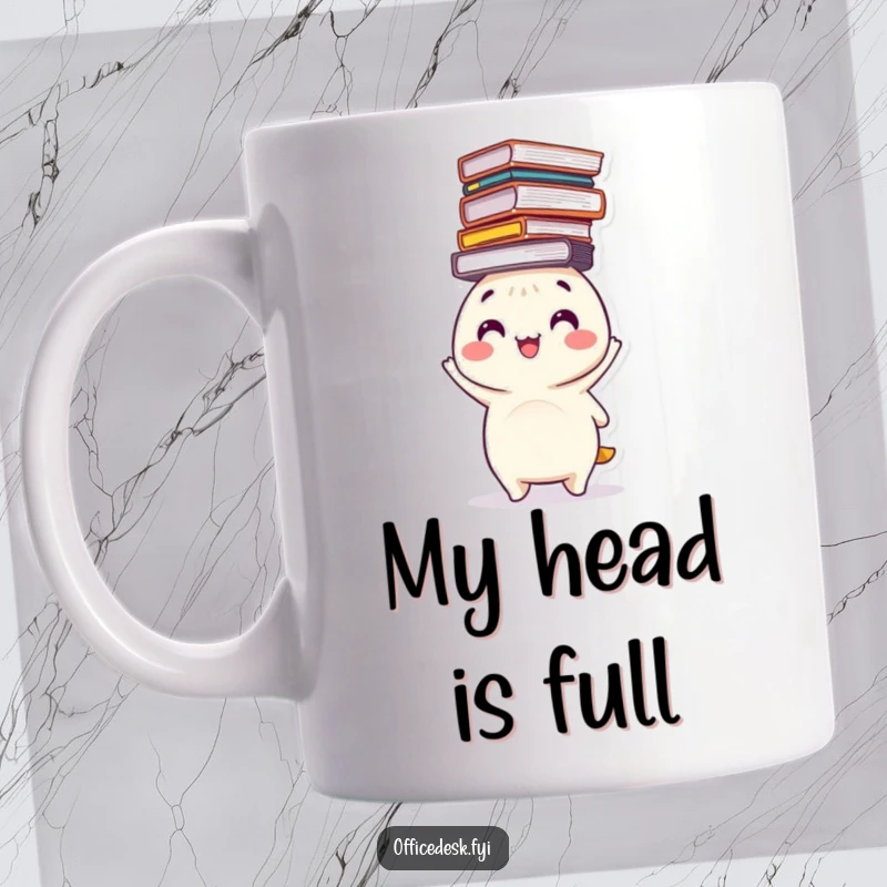 Funny mug with a happy character perfectly balancing a precarious stack of files on its head, symbolizing organized multitasking humorously.