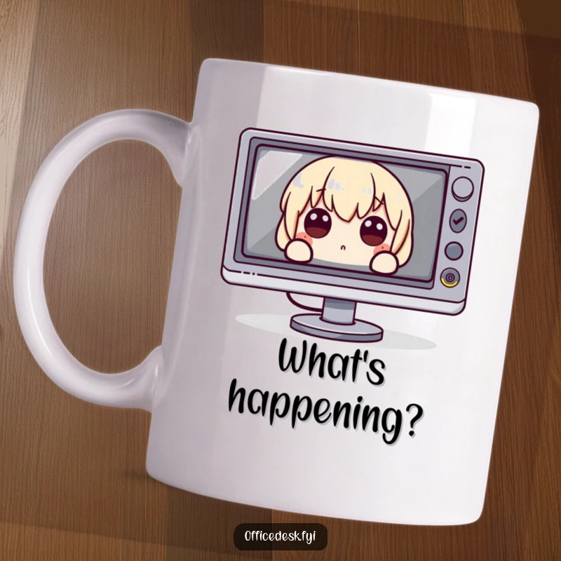 Funny Mug: A character with wide, startled eyes peeking out from behind a massive computer monitor, symbolizing tech obsession.