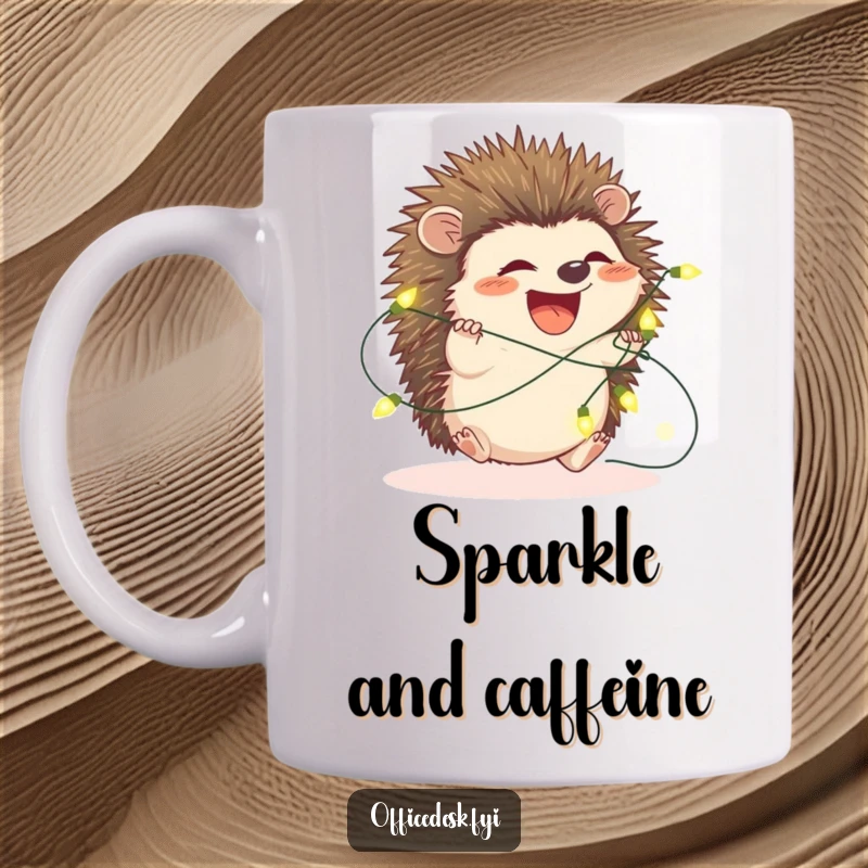 Funny hedgehog mug, a cute hedgehog completely entangled in a string of bright fairy lights, adorable and festive.