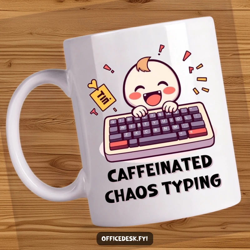 Funny Mug: A tiny, smiling keyboard character joyfully typing a jumbled but happy message on a screen, symbolizing digital cheer.