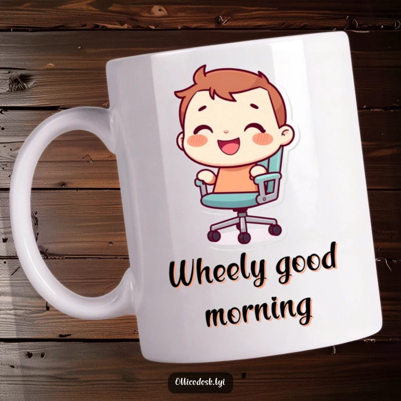 Funny, tiny character with a joyful grin, riding a rolling office chair on a humorous mug.