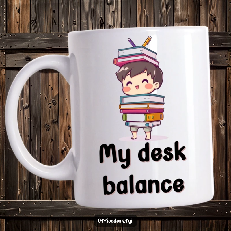 Funny mug featuring a cute character happily balancing a teetering stack of mismatched office supplies with a joyful expression.