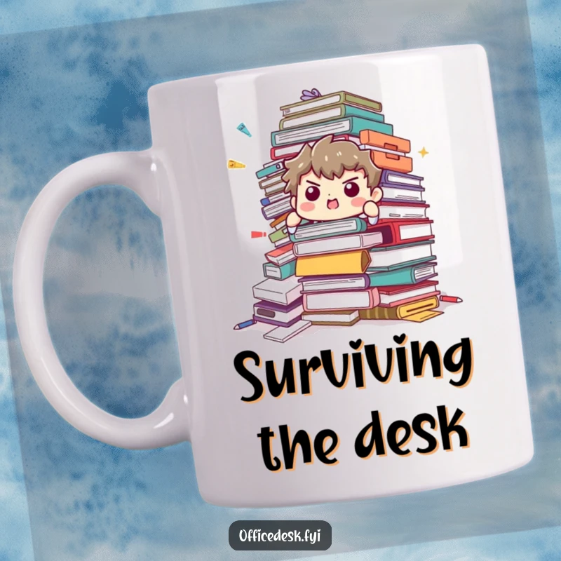Funny Mug: Determined character straining to hold up a falling pile of office supplies, symbolizing workplace challenges.