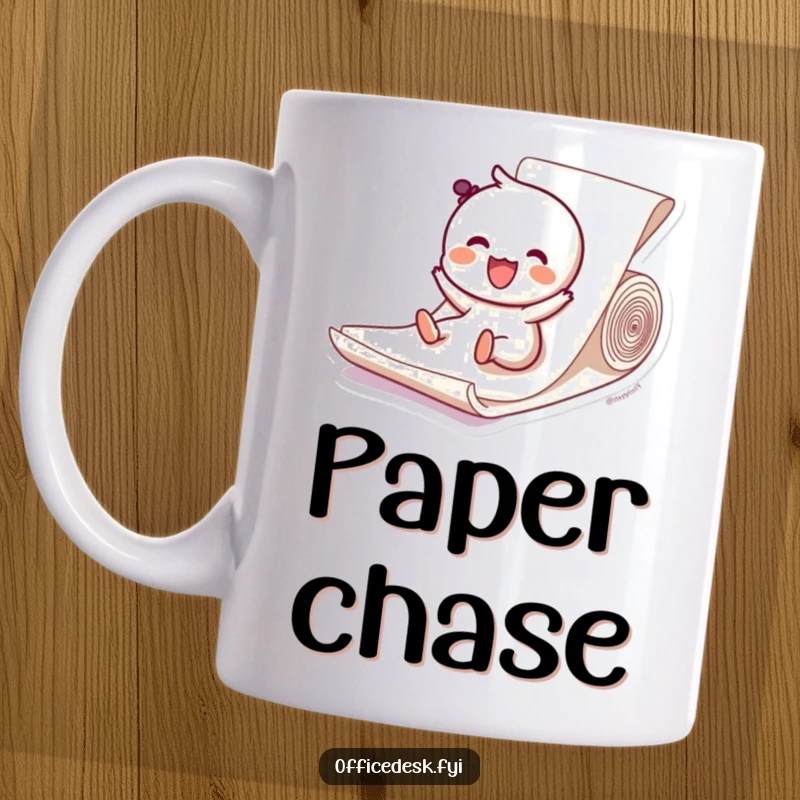 Funny mug showing a happy character sliding down a ream of paper, symbolizing carefree fun and office escapades. Great gift.