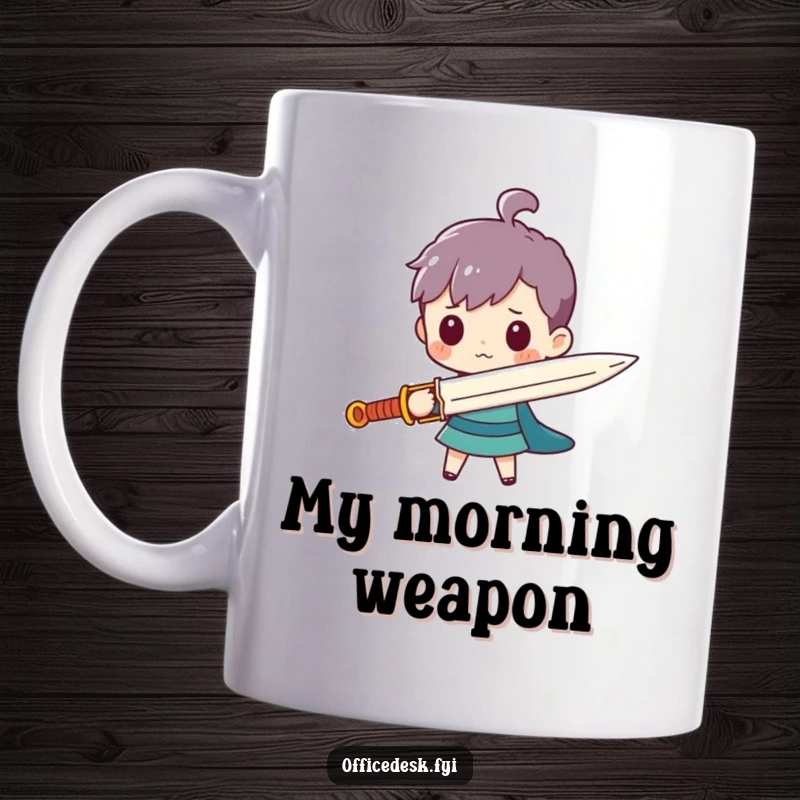 Funny mug showing a tiny character bravely holding a giant paperclip as a sword, ready for humorous challenges.