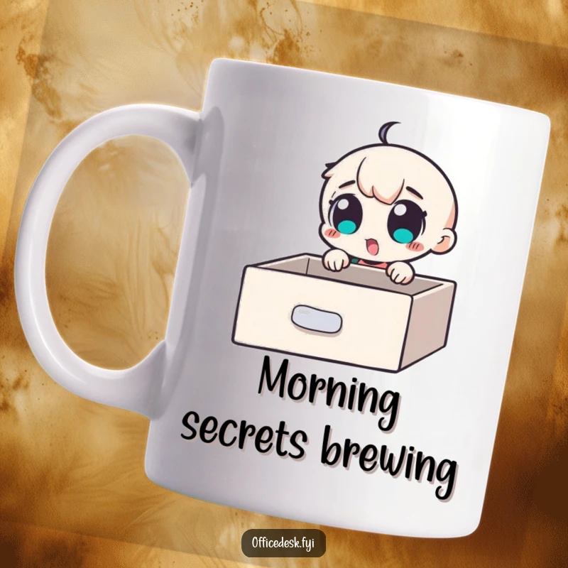 Funny Mug: A small character with wide, excited eyes peeking into a desk drawer, discovering a secret compartment, curiosity theme.