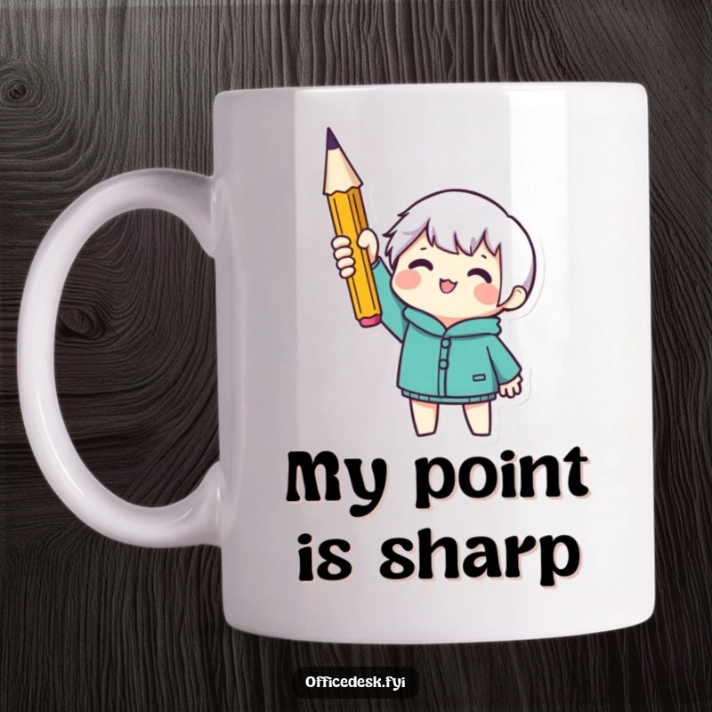 Funny mug featuring a tiny character holding a sharp pencil, symbolizing productivity and creative triumph. Perfect gift for writers.